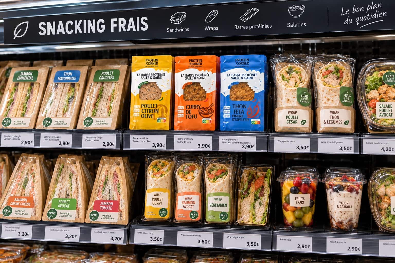 Les trois recettes Protein Corner, Poulet Citron Olive, Curry de Tofu et Thon Feta Piment d’Espelette, au milieu des sandwichs et des wraps d’un rayon snacking frais.